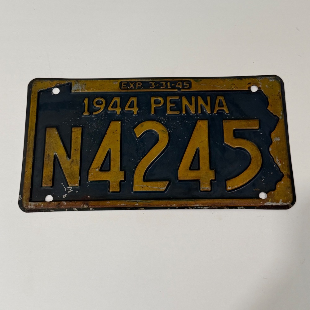 Pennsylvania License Plate Blue Yellow 1944 Vintage Embossed
